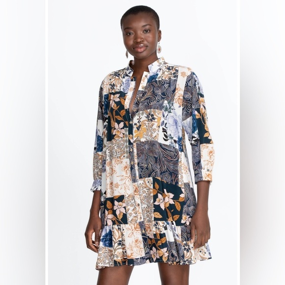 Johnny Was Jade 100% Silk Luna Patchwork Floral Mini Drop Waist Dress Medium - Picture 1 of 15